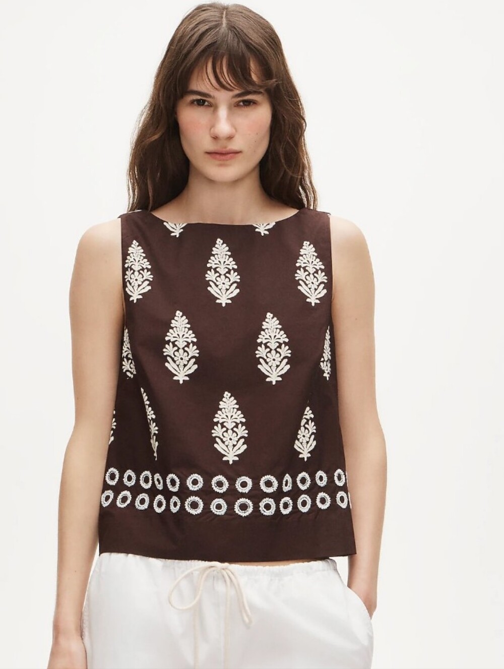J Crew Beaded shell top in cocoa block print CV051 Size 8 100% Cotton